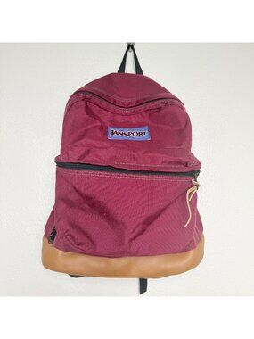 Vintage 90s JanSport Maroon Backpack With Tan Leather Bottom Made In USA
